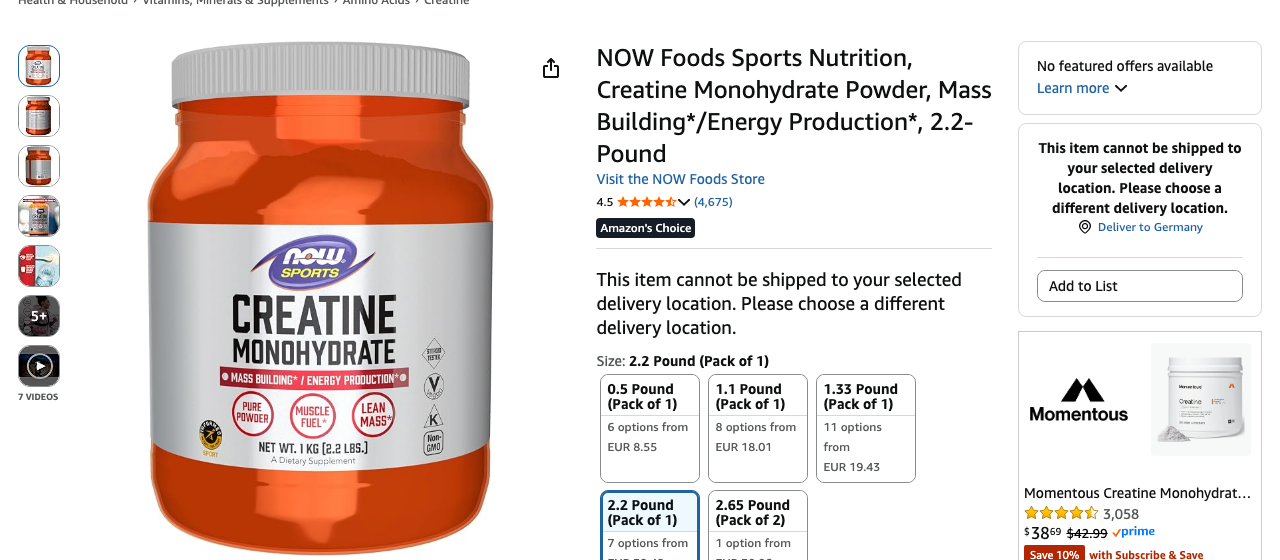 NOW Sports Creatine Monohydrate powder product listing