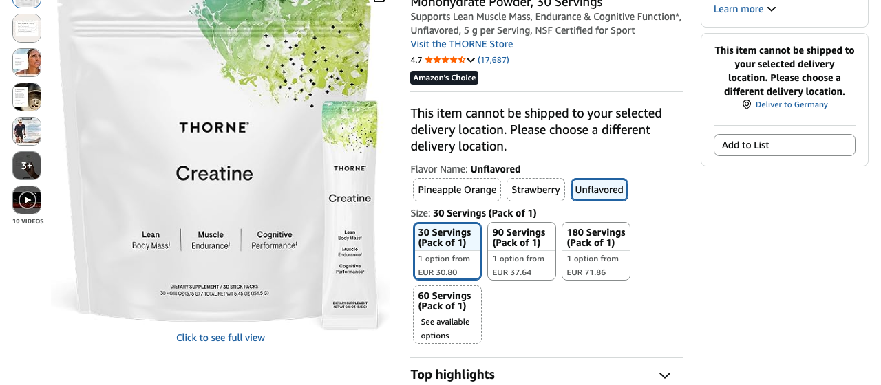 Thorne Creatine micronized creatine monohydrate powder product listing