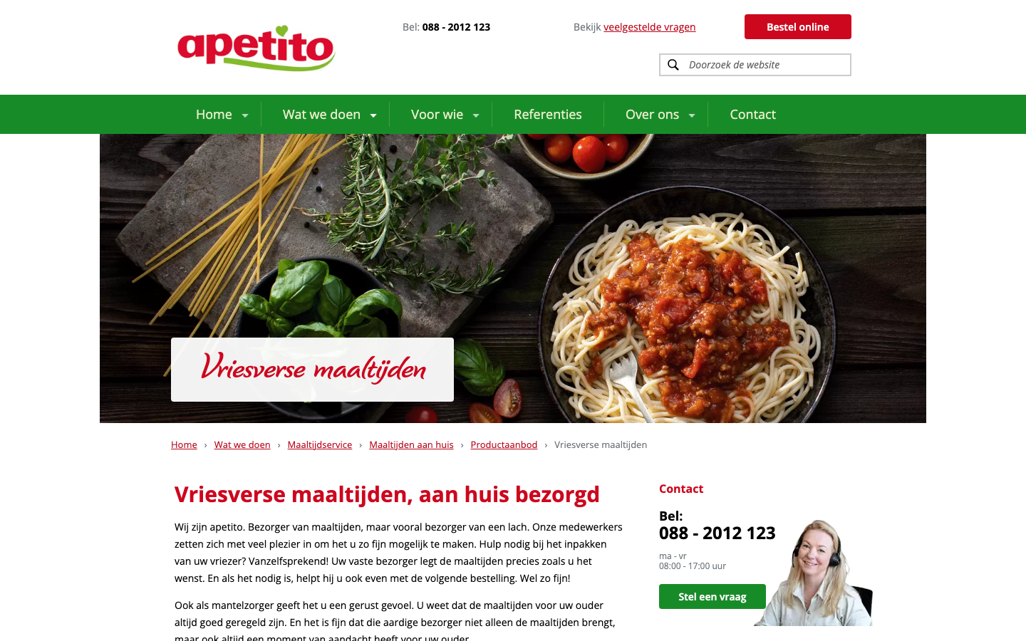 Screenshot van de Apetito pagina voor vriesverse maaltijden aan huis