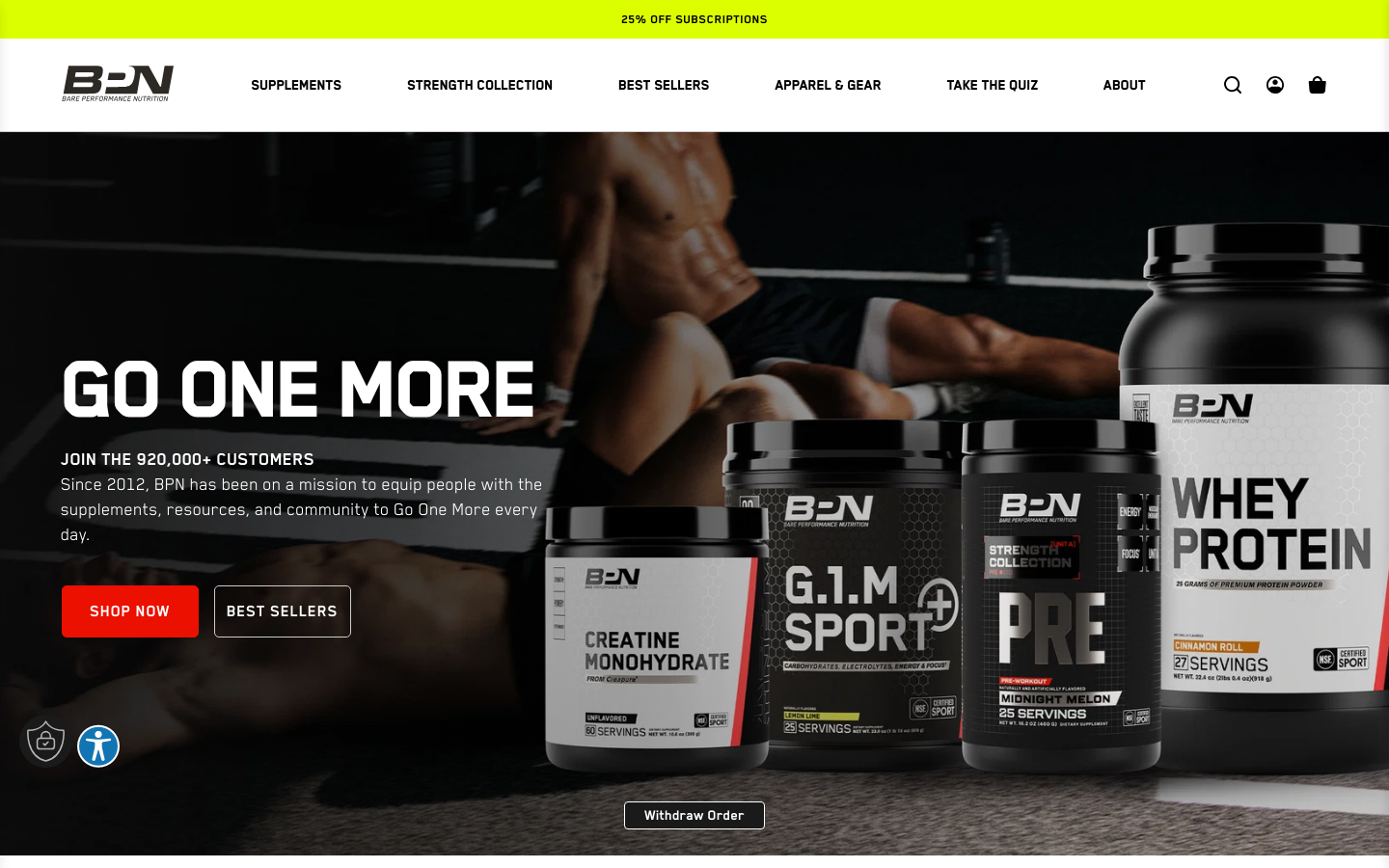 Bare Performance Nutrition (BPN) homepage showing its Creatine Monohydrate from Creapure