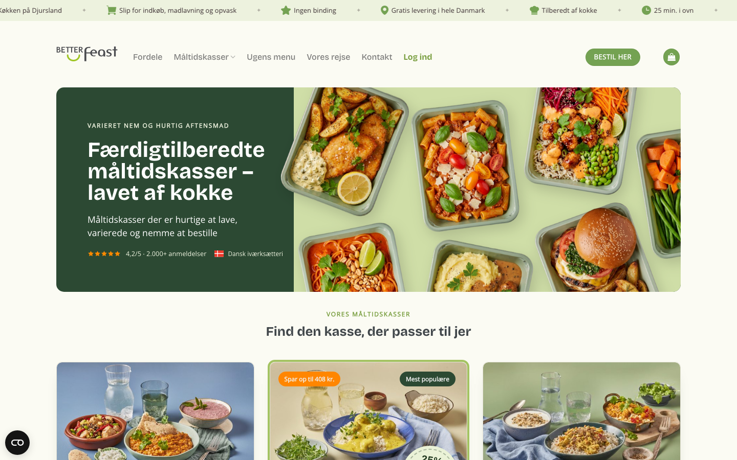 Forsiden af BetterFeast med de færdigtilberedte måltidskasser og leveringsoplysninger