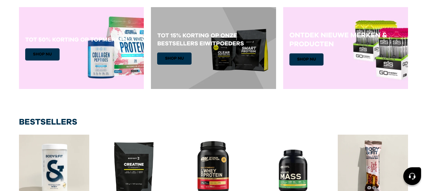 Screenshot van de Body&Fit deals-pagina met actuele kortingsbanners voor sportvoeding