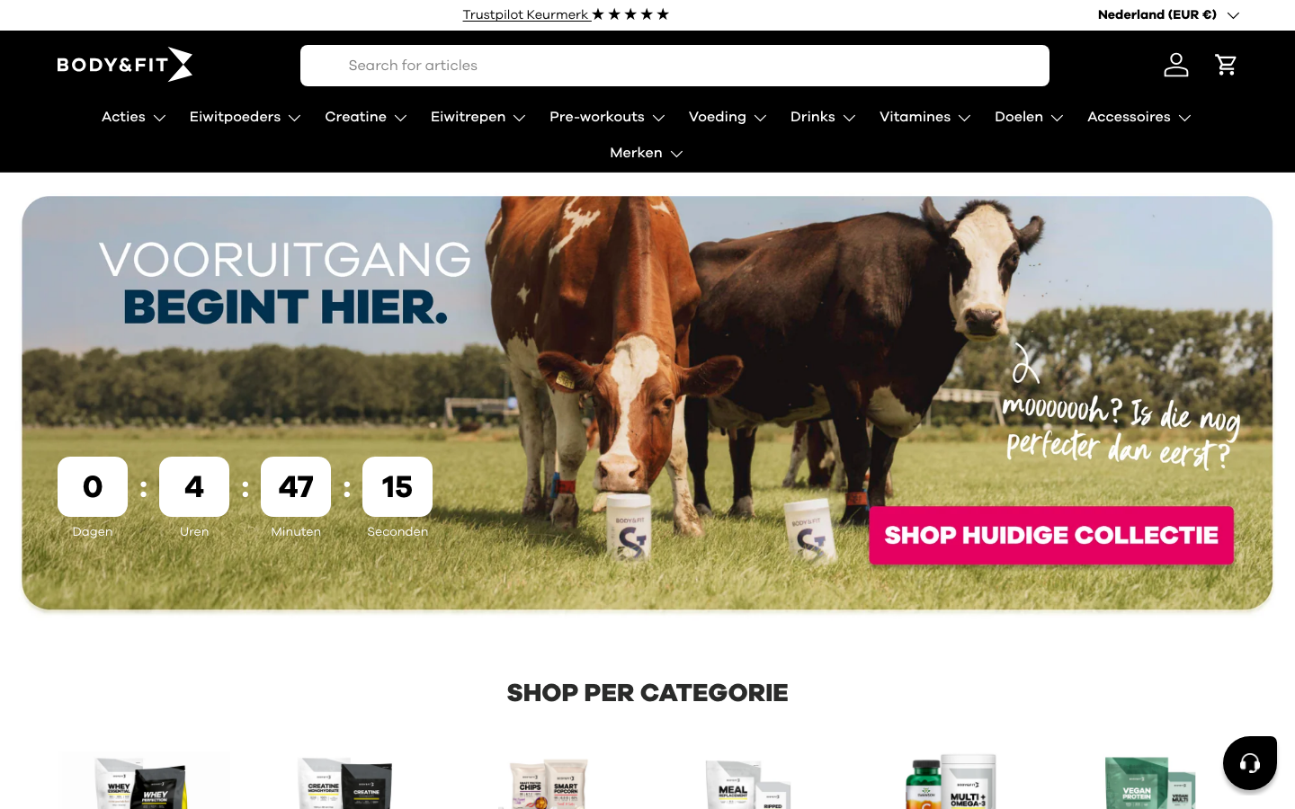 Homepage van bodyandfit.com, waar Body&Fit Whey Perfection wordt verkocht