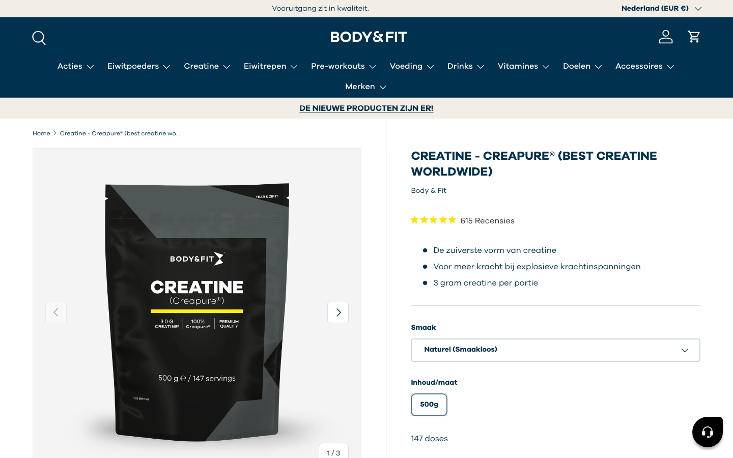 Productpagina van Body&Fit Creatine Creapure op bodyandfit.com