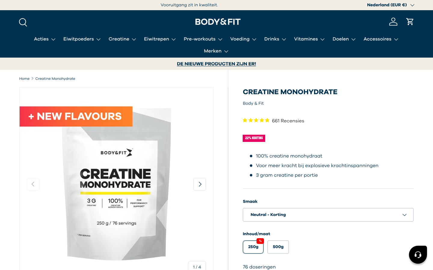 Screenshot van de Body en Fit Creatine Monohydrate productpagina