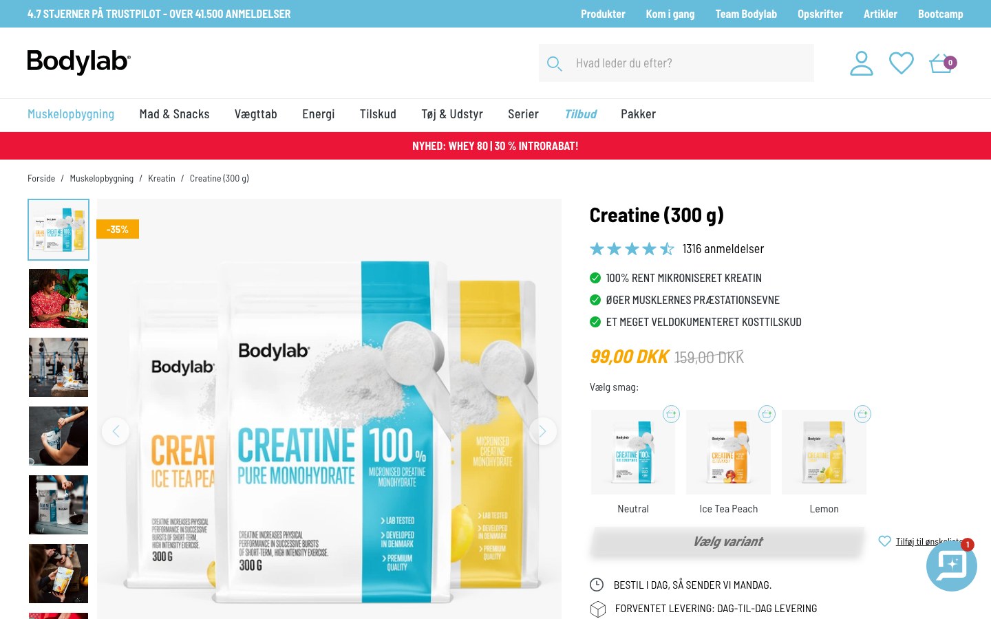 Bodylab Kreatin 300g produktside med smagsvarianter