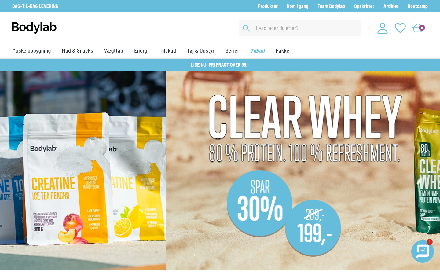 Bodylab.dk forside med Clear Whey-kampagne