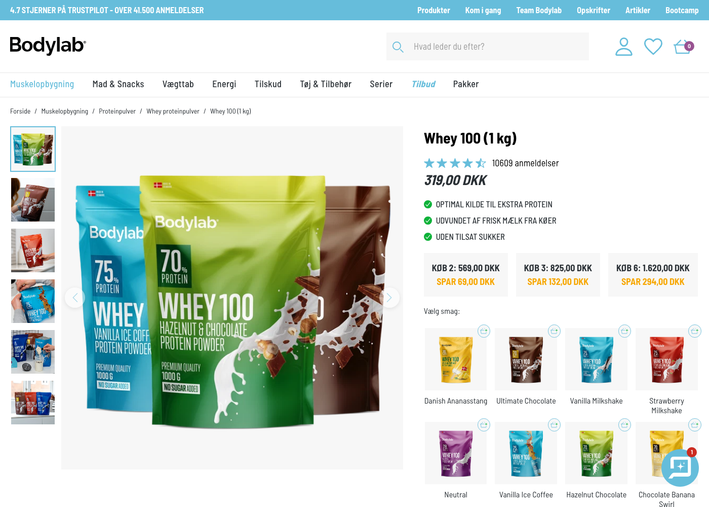 Skærmbillede af Bodylab Whey 100 produktside med pris og smagsvarianter