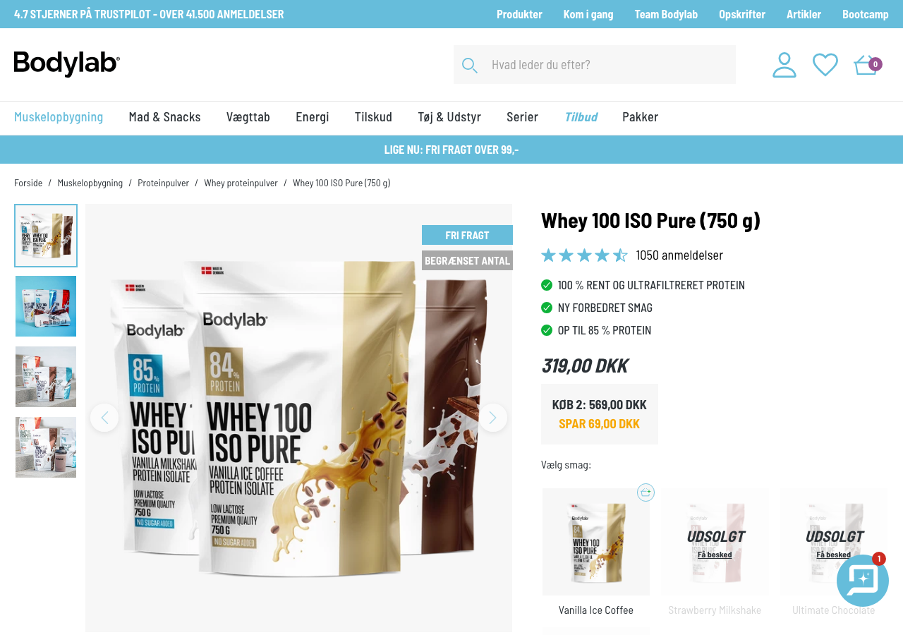 Produktside for Bodylab Whey 100 ISO Pure 750 g på bodylab.dk med pris, anmeldelser og smagsvarianter