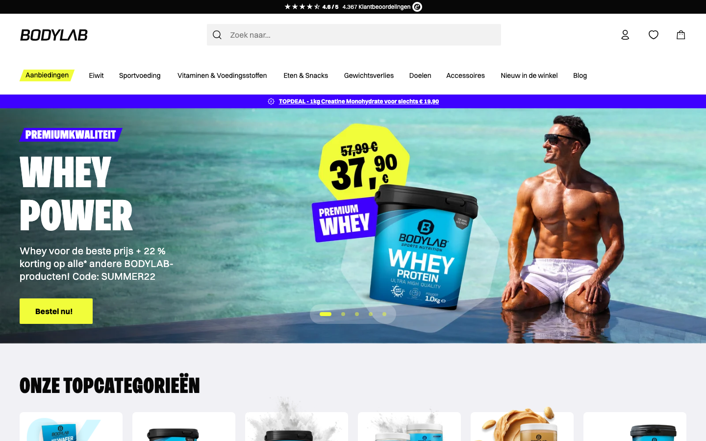 Homepage van bodylab.nl met Whey Protein producten