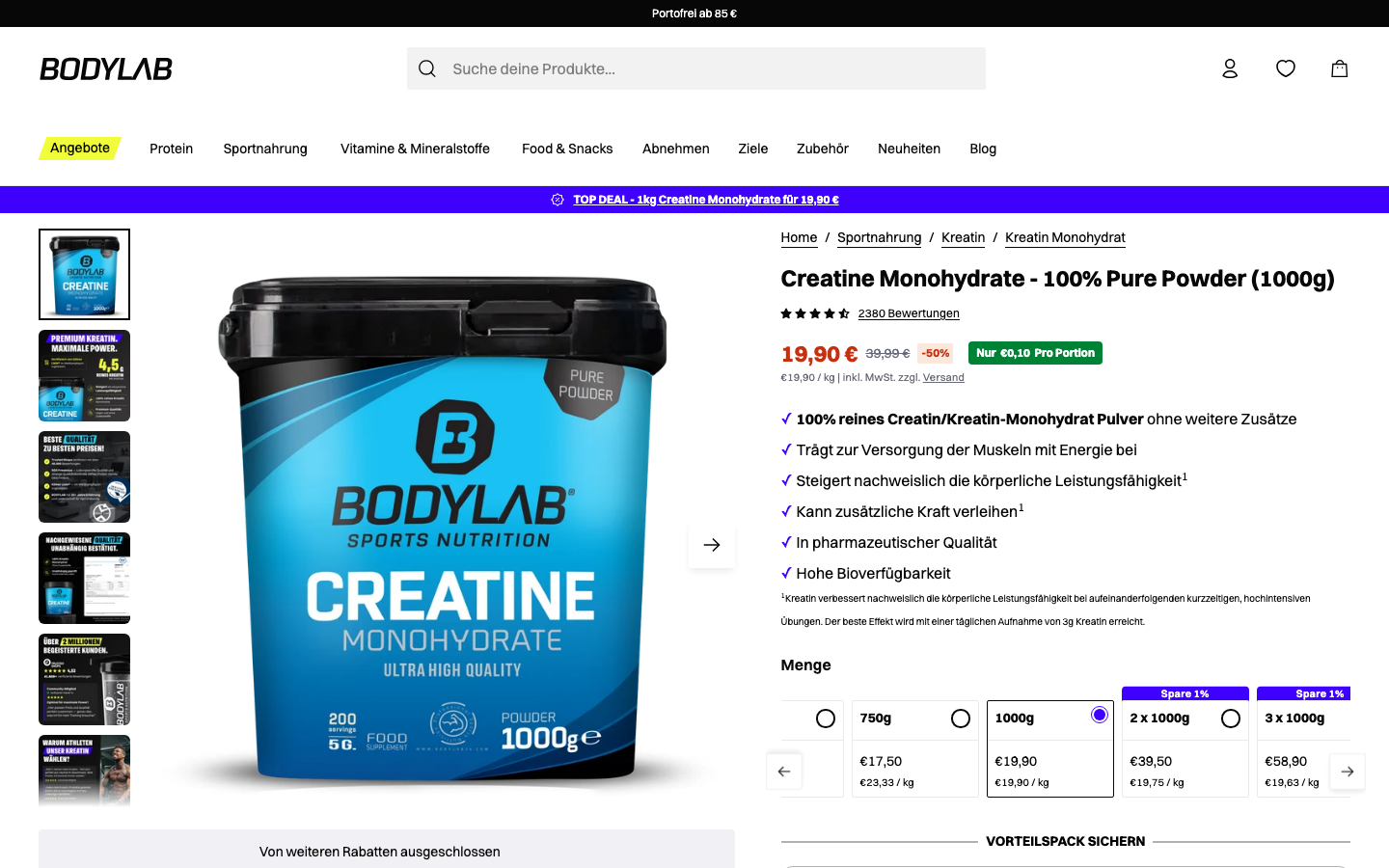 Produktseite von Bodylab24 Creatine Monohydrate, Kölner-Liste-gelistetes Kreatin Monohydrat