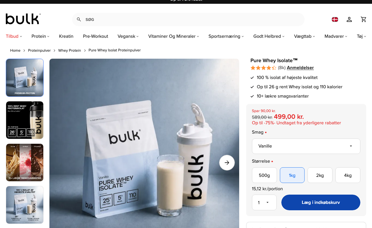 Produktside for Bulk Pure Whey Isolate 90 på bulk.com/dk med pris, anmeldelser og smagsvalg