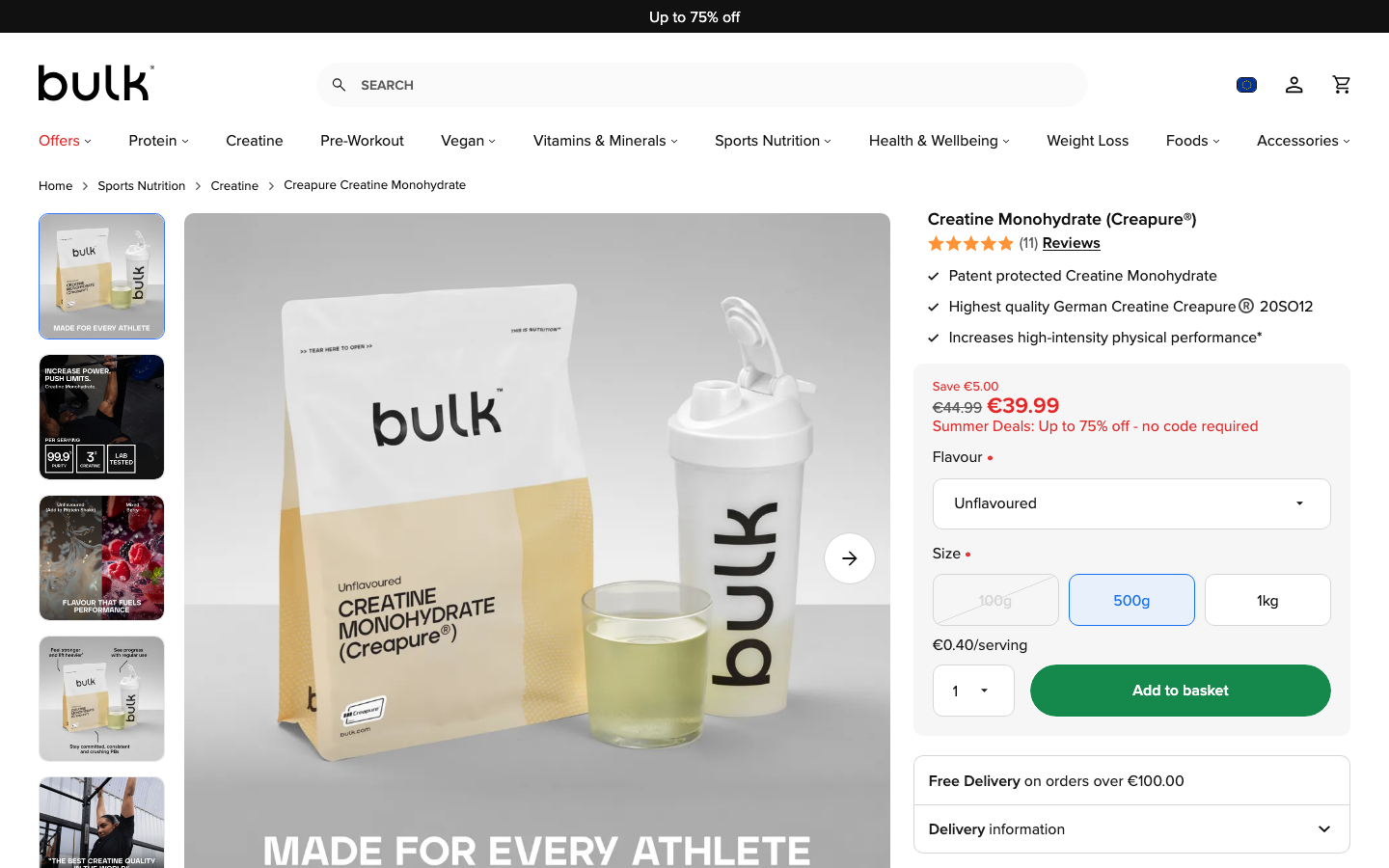 Produktseite von Bulk Creapure Creatine Monohydrate mit Preis und Größenauswahl