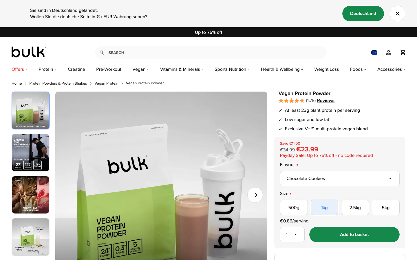 Vegan Protein Powder produktside hos Bulk.com EU-butikken, pris 23,99 euro