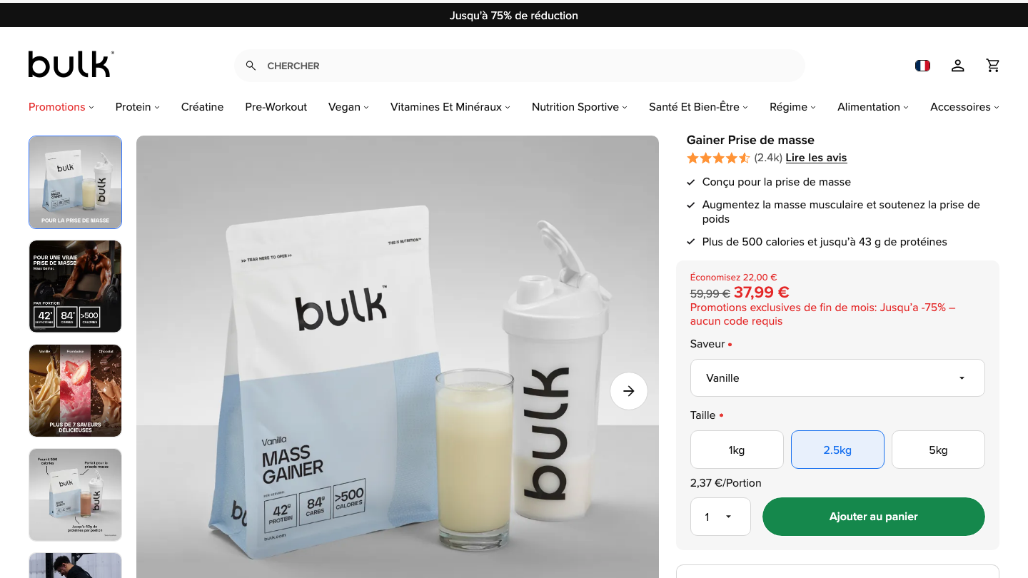 Gainer Prise de Masse Bulk, page produit