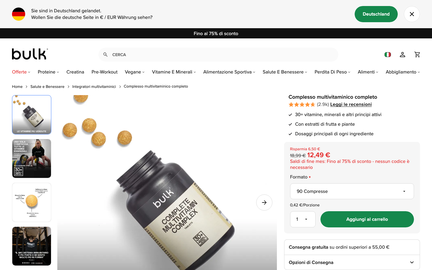 Pagina prodotto Bulk Complesso Multivitaminico Completo sul sito ufficiale bulk.com, prezzo 12,49 euro