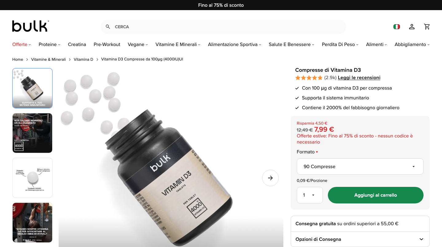 Scheda prodotto Bulk Compresse di Vitamina D3 sul sito ufficiale bulk.com/it