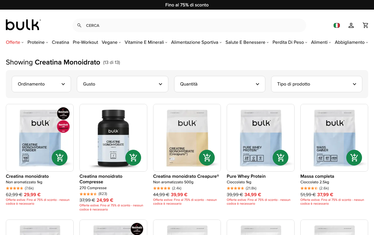 Screenshot della pagina Creatina Monoidrato Creapure su bulk.com/it