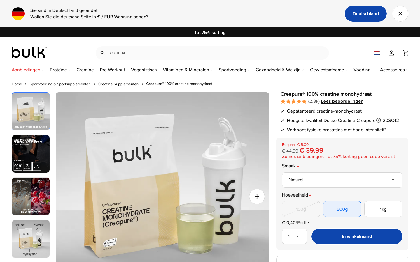 Productpagina van Bulk Creapure 100% creatine monohydraat op bulk.com/nl