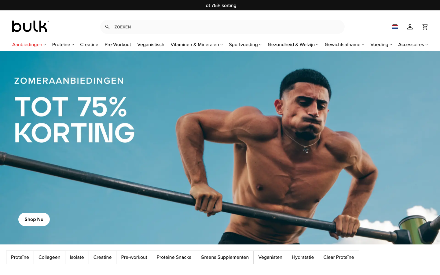 Homepage van bulk.com/nl met Clear Whey Isolate