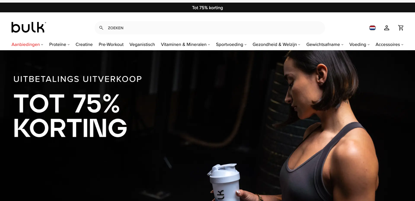 Homepage van bulk.com/nl, de Nederlandse webshop van Bulk