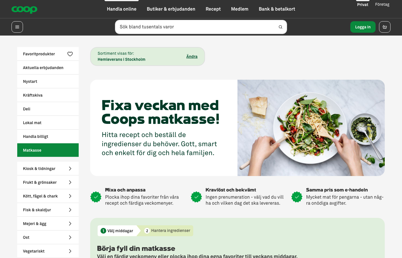 Coop.se:s sida för Coop Matkasse med rubriken Fixa veckan med Coops matkasse