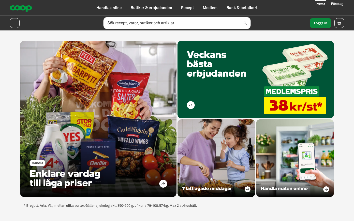 Skärmbild av Coops startsida för matkasse och handla online
