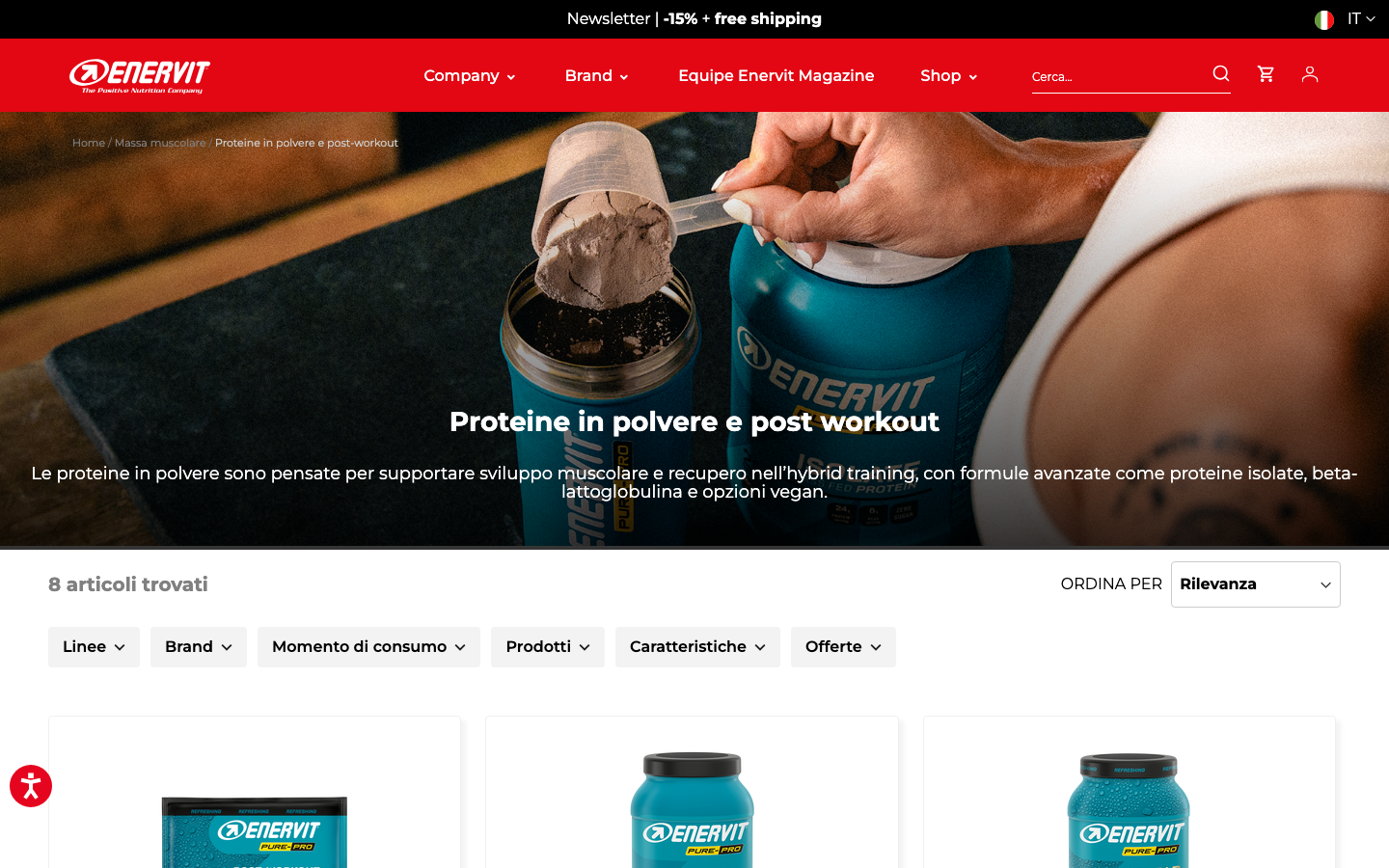 Screenshot della pagina catalogo proteine in polvere Pure-PRO su enervit.com con gli otto prodotti e i relativi prezzi