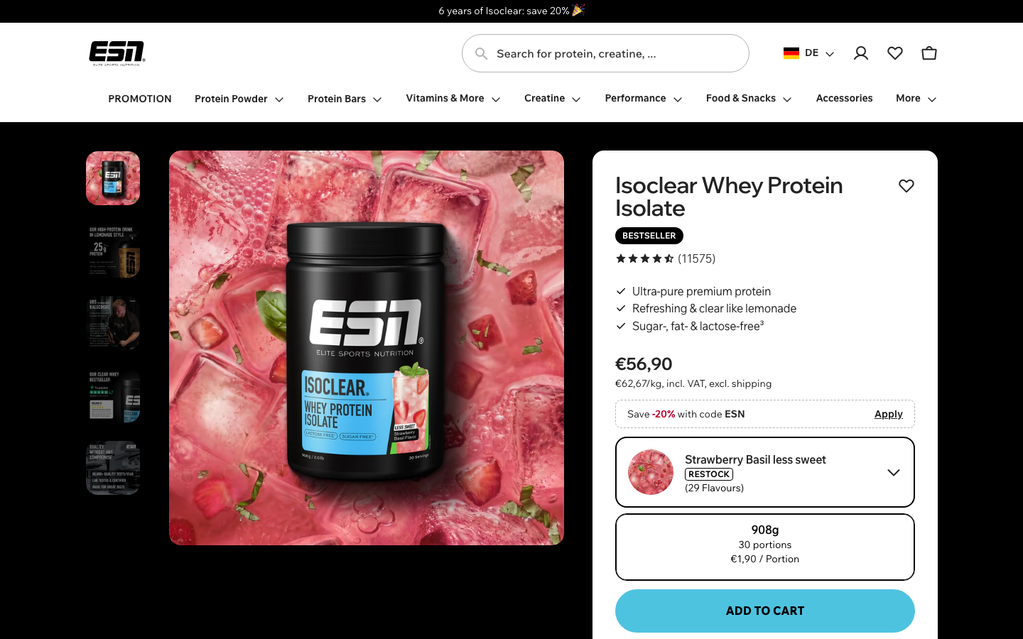 Ficha de producto de ESN Isoclear Whey Protein Isolate en esn.com, 908g, 30 dosis, 56,90 euros, sin azucar ni grasa ni lactosa