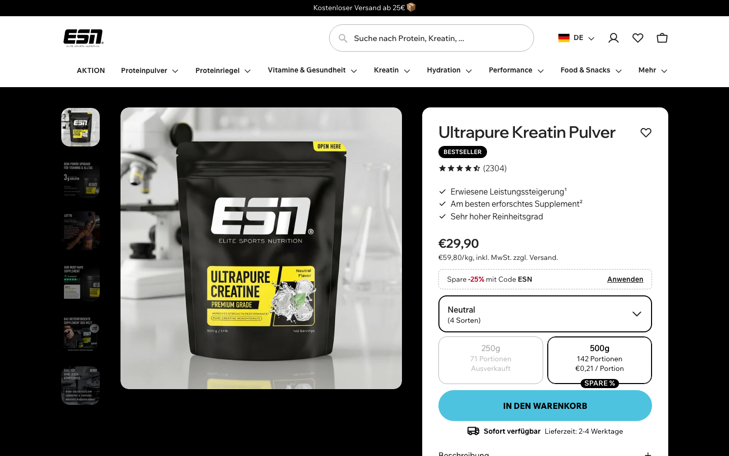 Produktseite von ESN Ultrapure Creatine Monohydrate, mikrofeines Kreatin Monohydrat Pulver