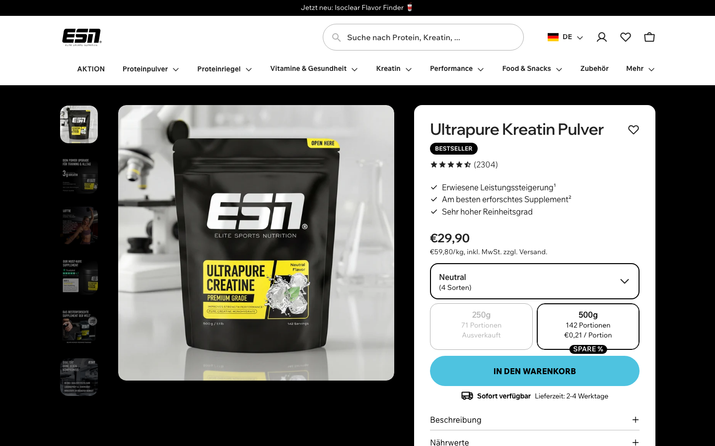 Produktseite von ESN Ultrapure Kreatin Pulver mit Preis und Bewertungen