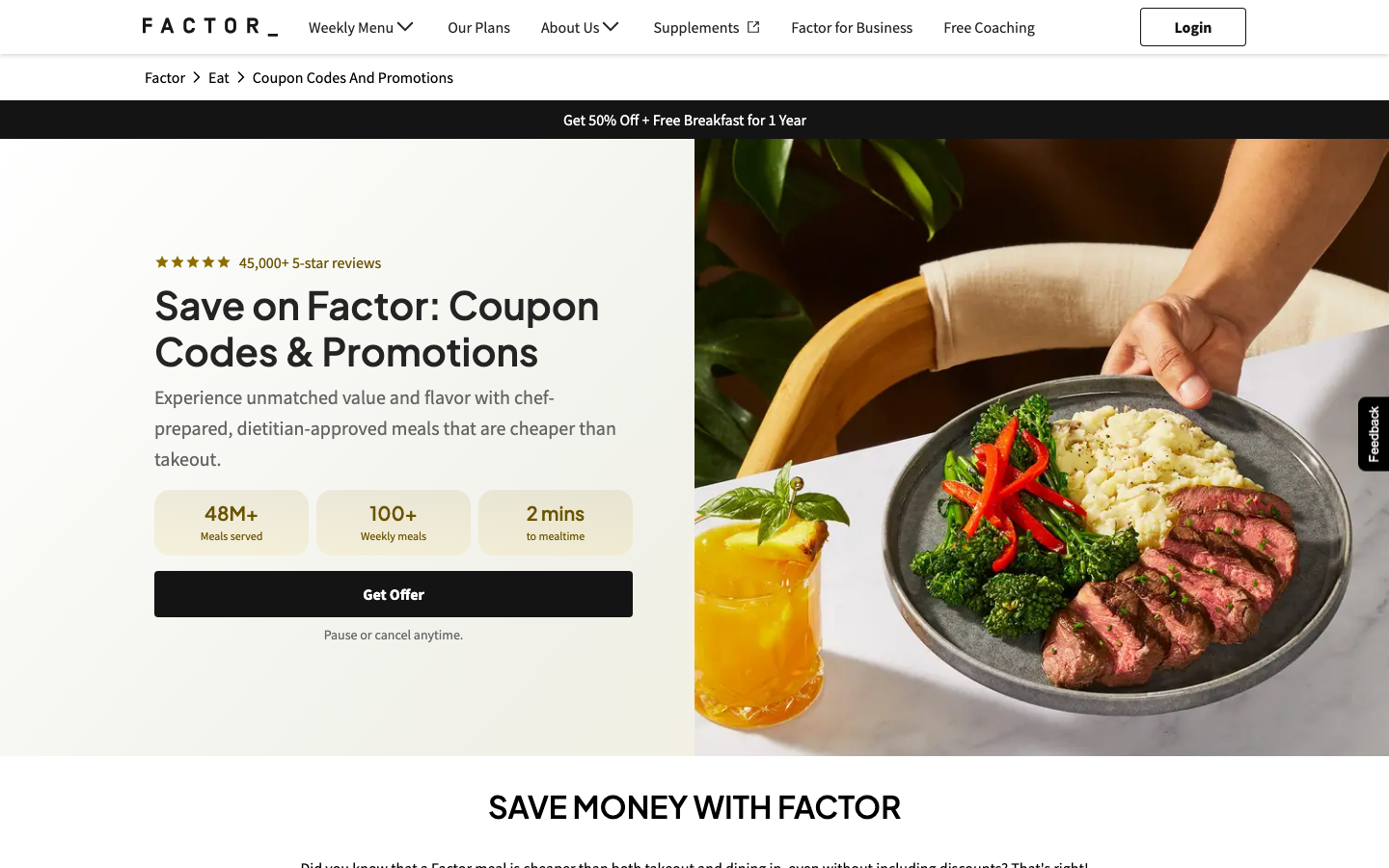 Factor's official coupon and promotions page showing the 50% off plus free breakfast for a year offer banner