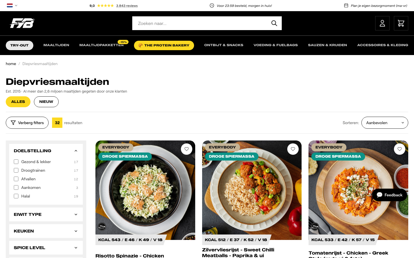 Screenshot van het Fuelyourbody diepvriesmaaltijden-assortiment met zichtbare kcal, eiwit, koolhydraten en vet per gerecht