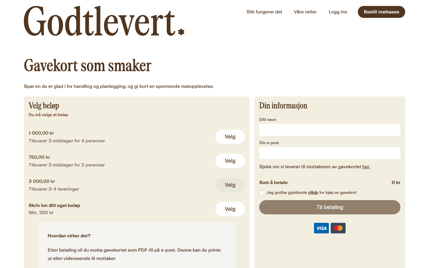 Godtlevert sin gavekort-side med beløp på 750, 1000 og 3000 kroner