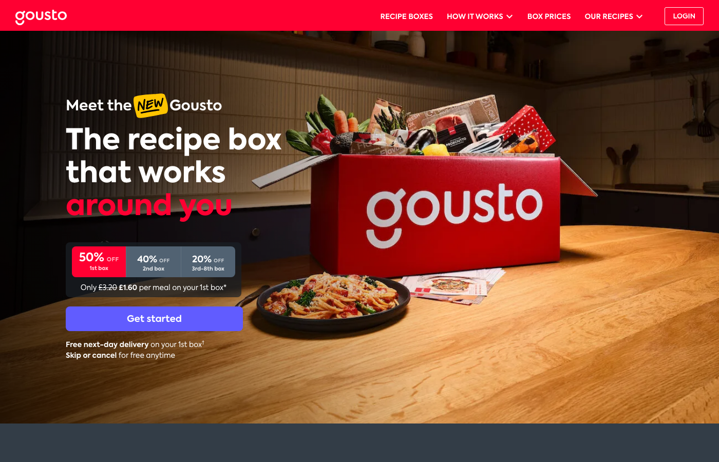 Gousto homepage showing the 50% off first box new customer offer banner