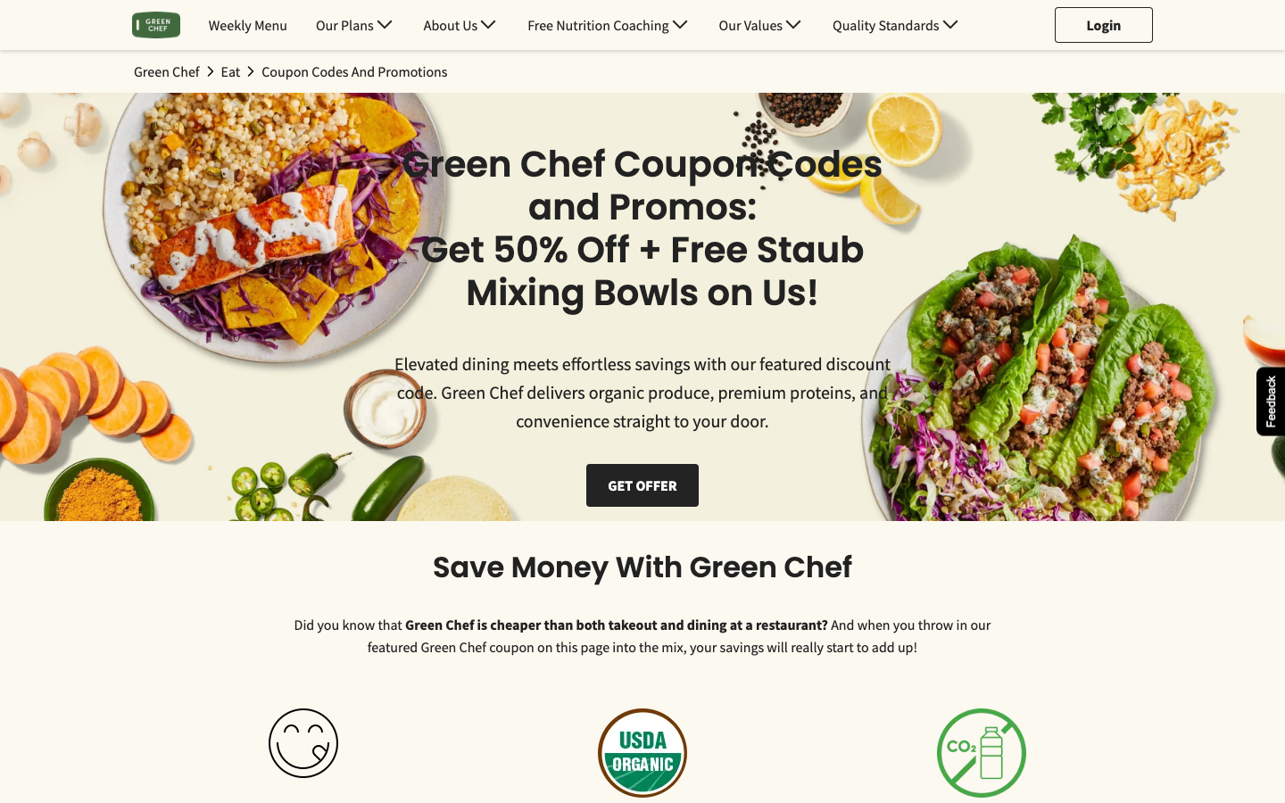 Green Chef official coupon codes and promotions page showing the 50% off plus free Staub mixing bowls offer