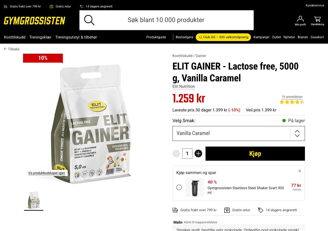 Produktside for ELIT Gainer Lactose-Free 5000 g hos Gymgrossisten