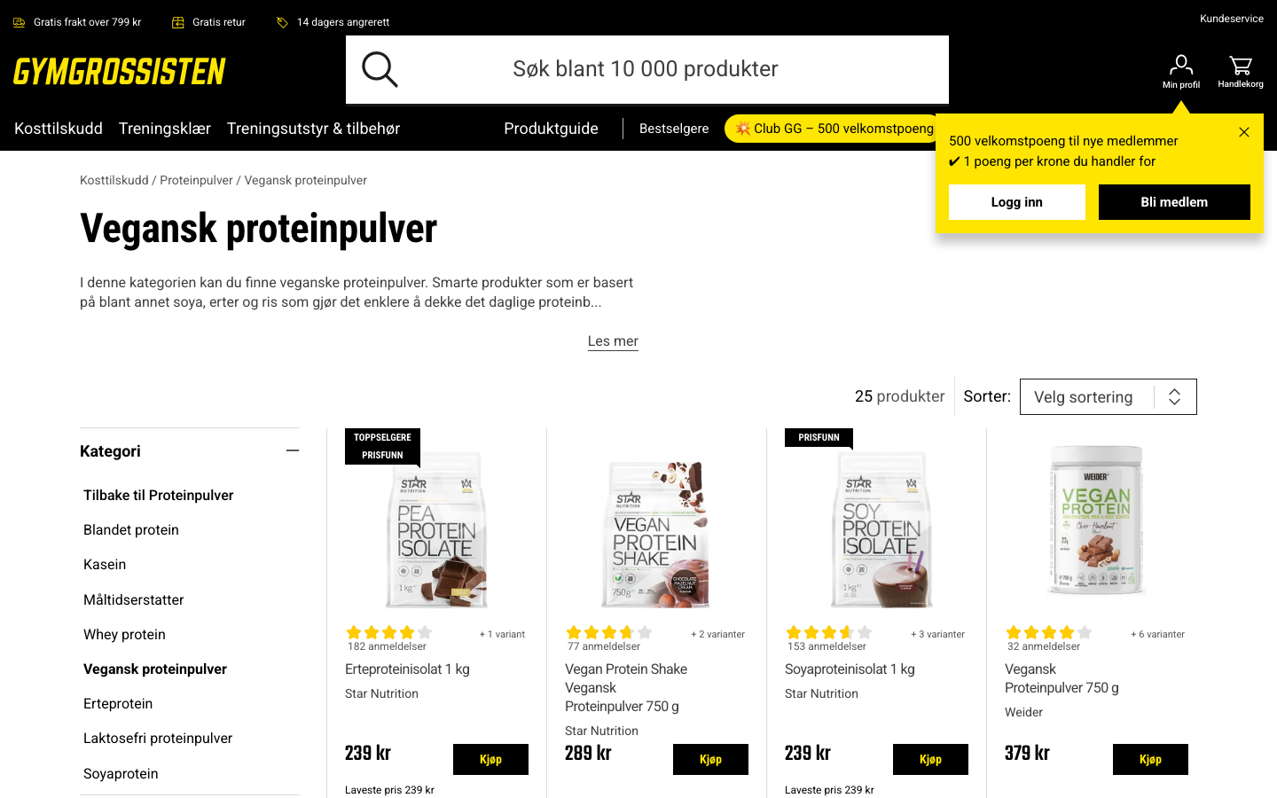 Kategorisiden Vegansk proteinpulver hos Gymgrossisten.no med Star Nutrition, Weider og flere merker