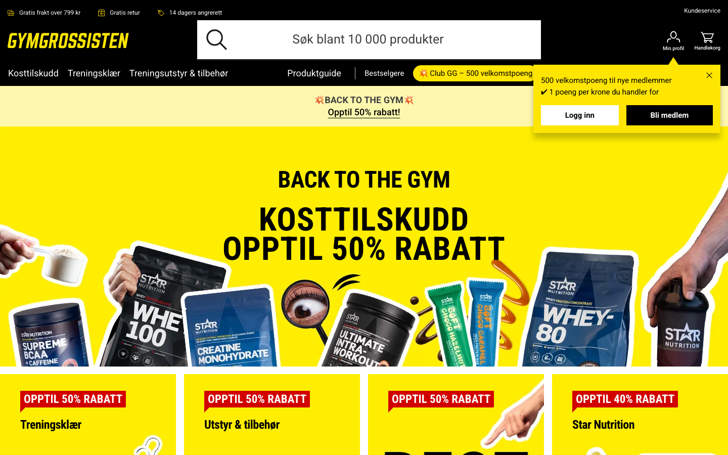 Gymgrossisten.no forside med Star Nutrition kosttilskudd