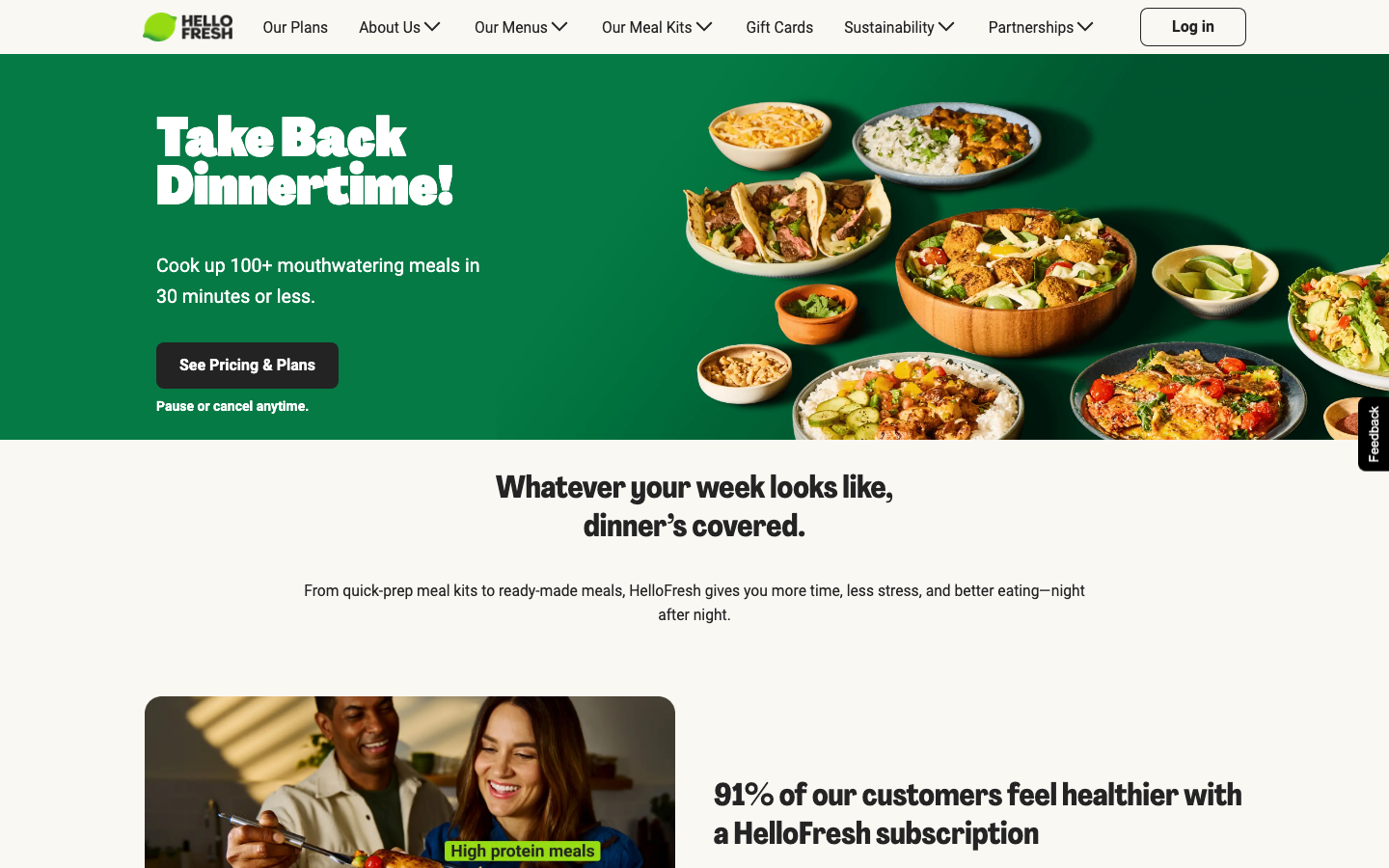 HelloFresh homepage showing meal plan options and the current new-customer offer