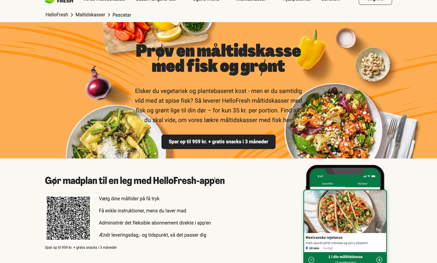 Skærmbillede af HelloFreshs Pescetar-landingside med overskriften 'Prøv en måltidskasse med fisk og grønt' og prisen 35 kr. per portion