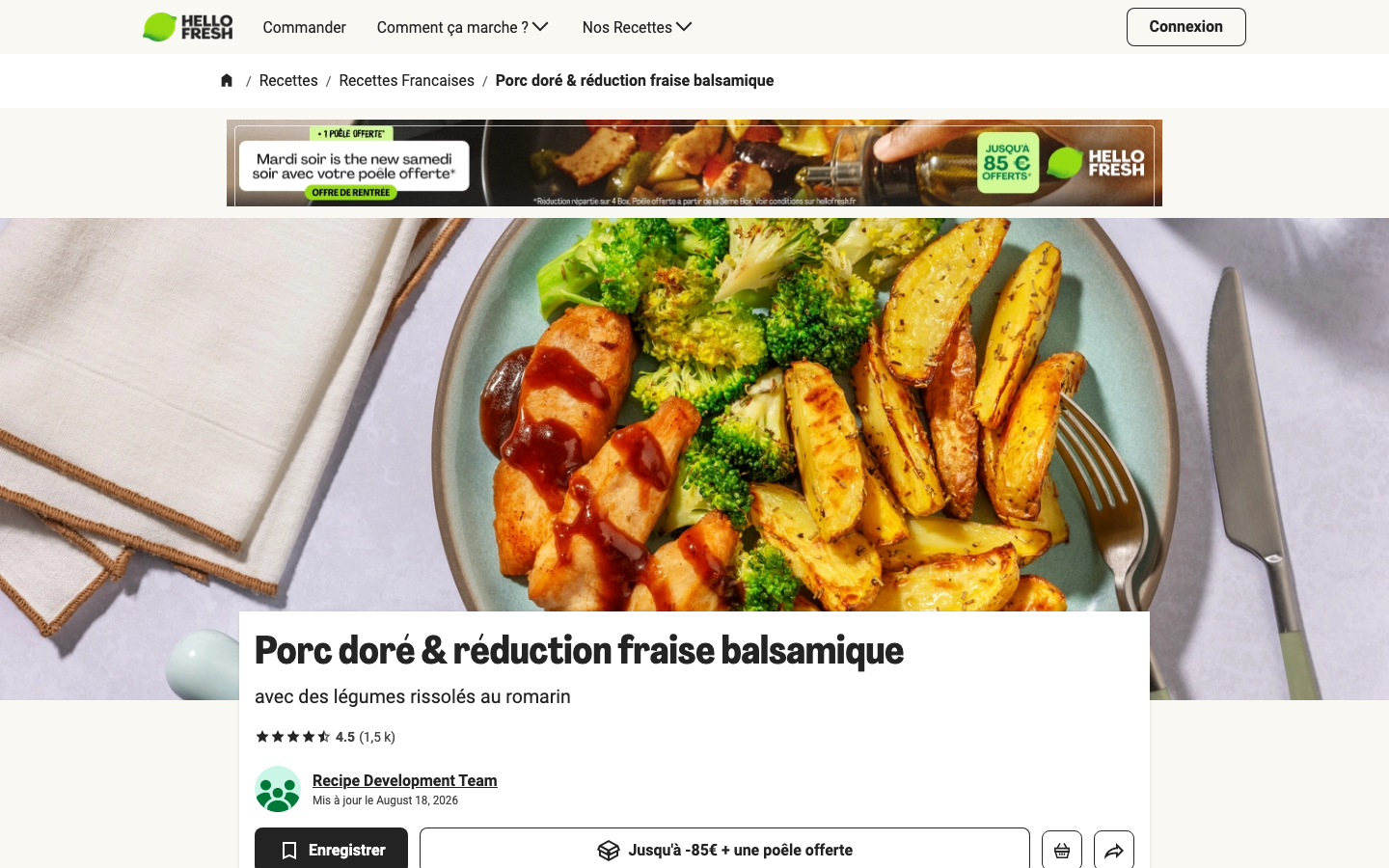 Capture d'ecran d'une fiche recette HelloFresh (Porc dore et reduction fraise balsamique) avec note, calories et instructions