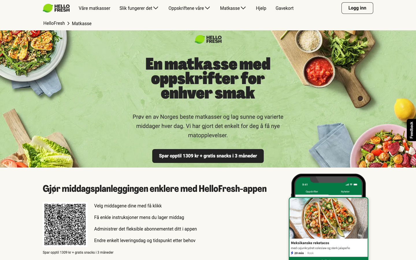 HelloFresh sin matkasse-side som eksempel på en tradisjonell matkasse