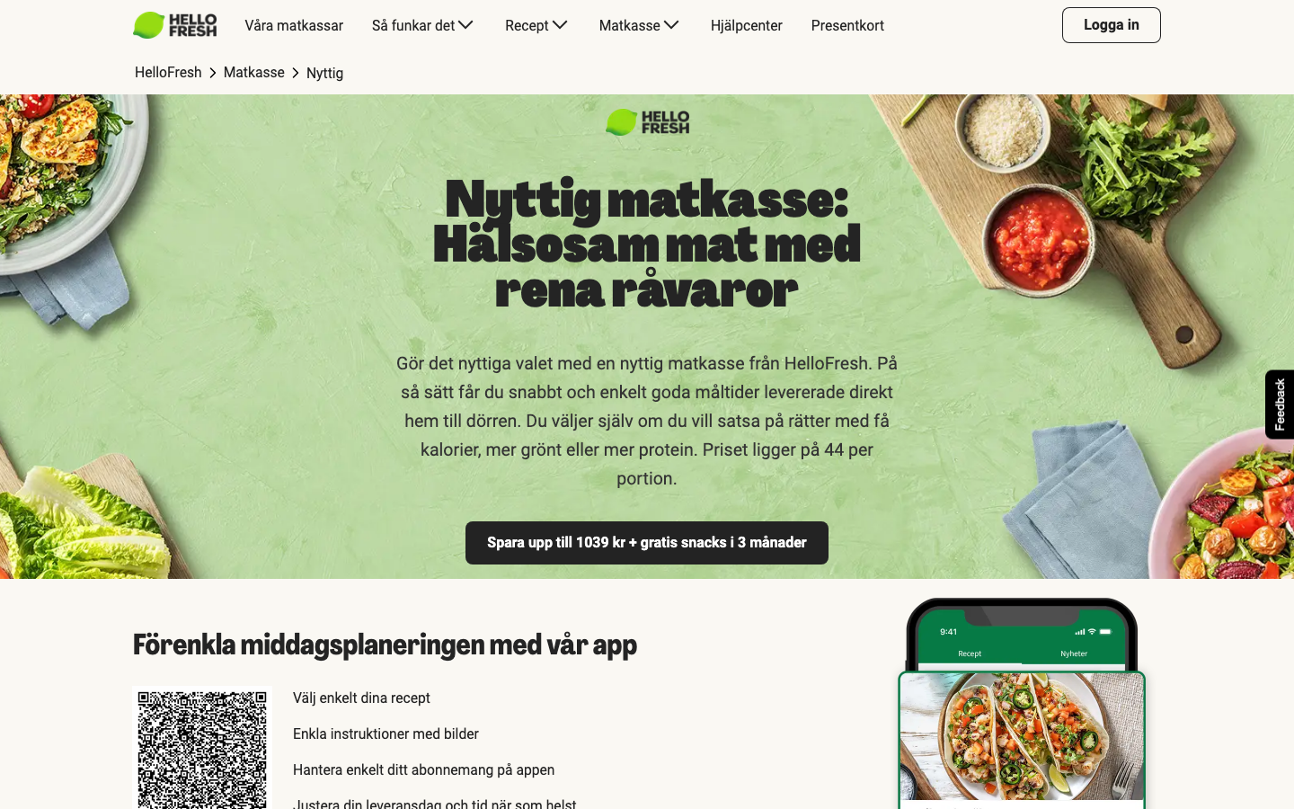 HelloFresh Nyttig matkasse, hälsosam mat med rena råvaror, 44 kr per portion