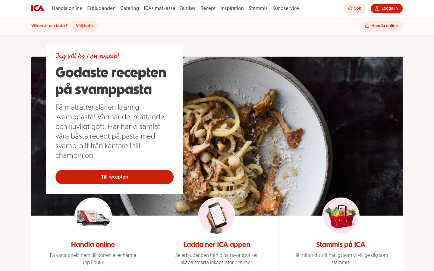 Skärmbild av ICAs startsida med recept och matkasse