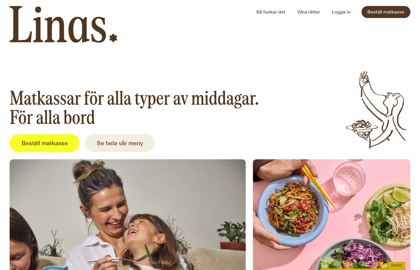 Linas Matkasses startsida med rubriken Matkassar för alla typer av middagar