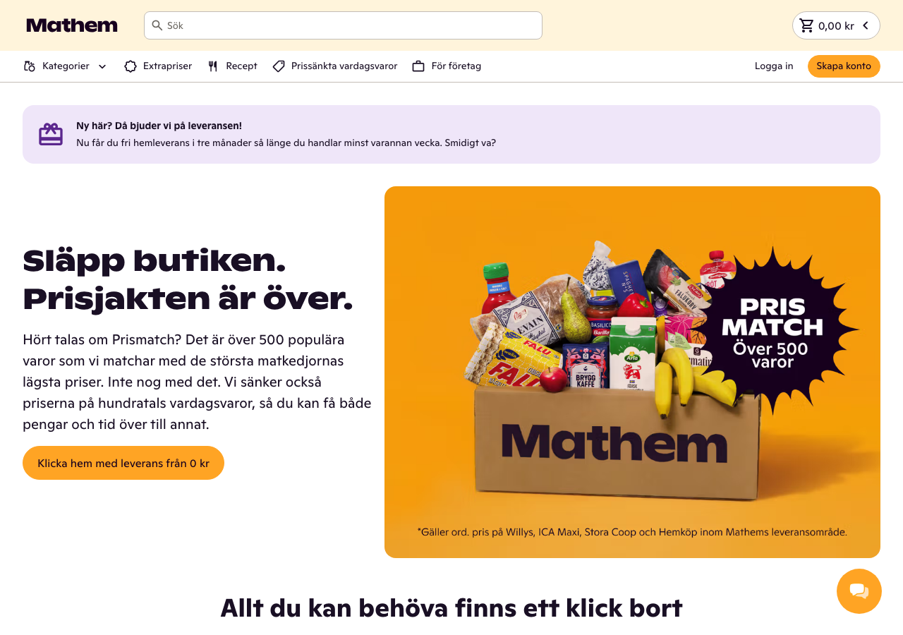 Skärmbild av Mathems startsida där du kan bygga din egen matkasse