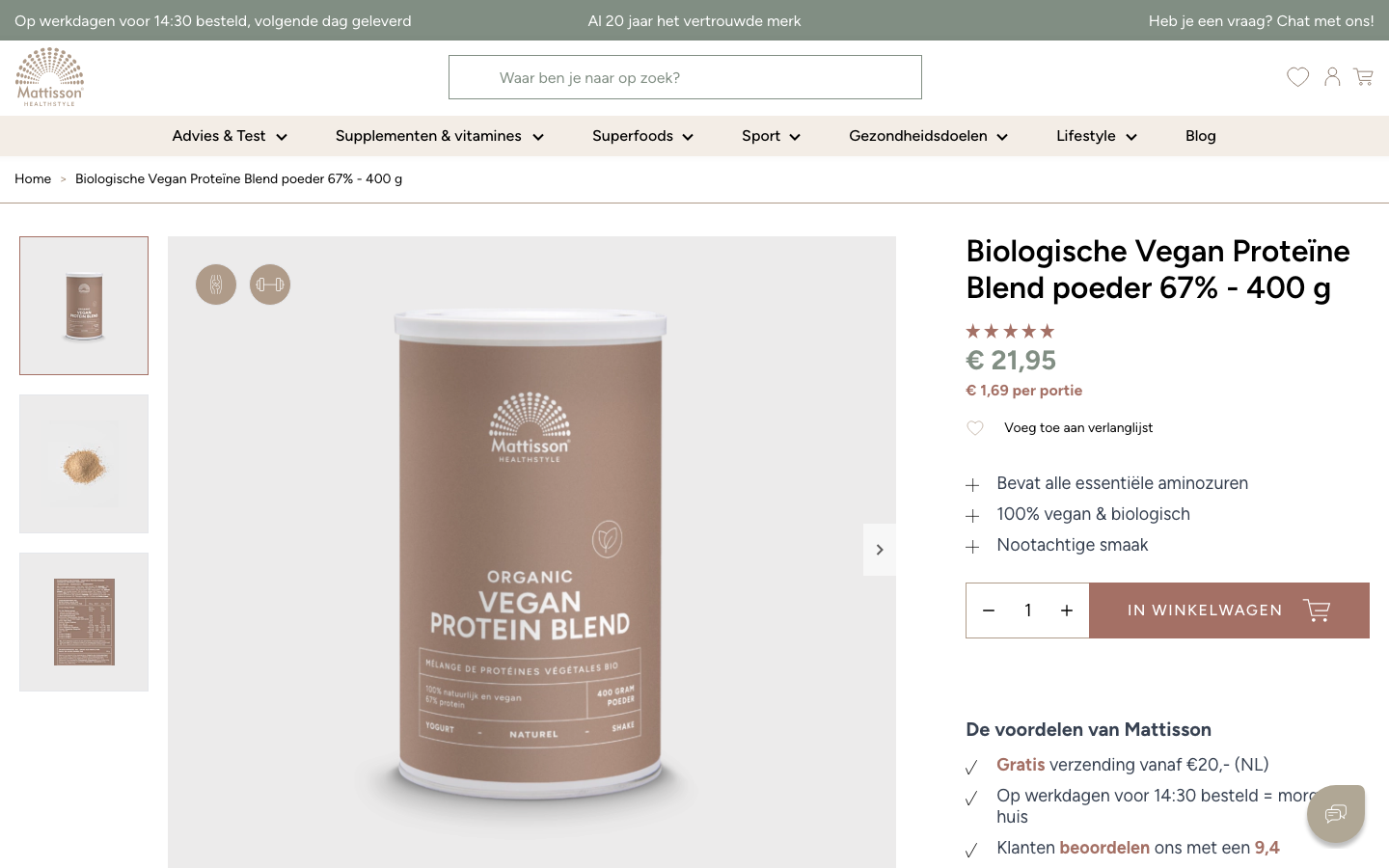 Productpagina van Mattisson Biologische Vegan Protein Blend op mattisson.nl