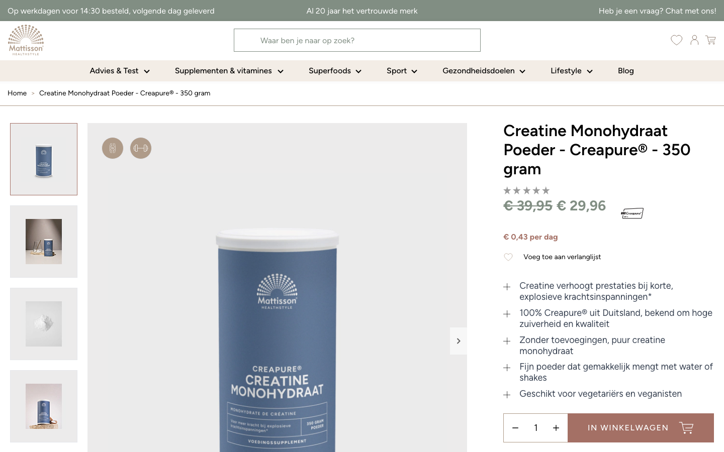 Productpagina van Mattisson Creatine Monohydraat Poeder Creapure op mattisson.nl