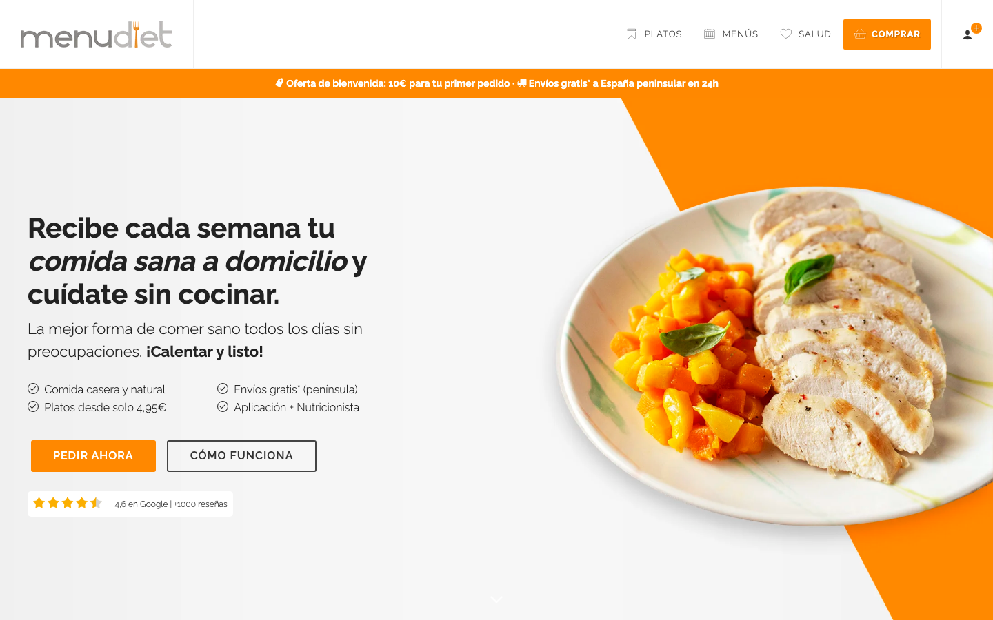 Página de inicio de MenuDiet, servicio de platos preparados a domicilio